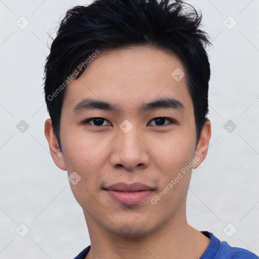 Neutral asian young-adult male with short  black hair and brown eyes