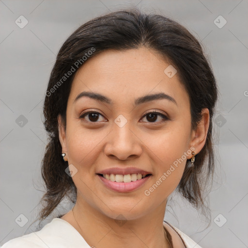 Joyful white young-adult female with medium  brown hair and brown eyes