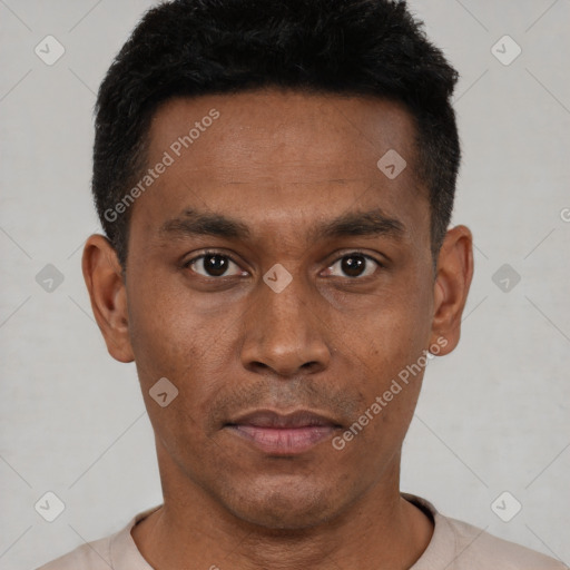 Neutral black young-adult male with short  black hair and brown eyes