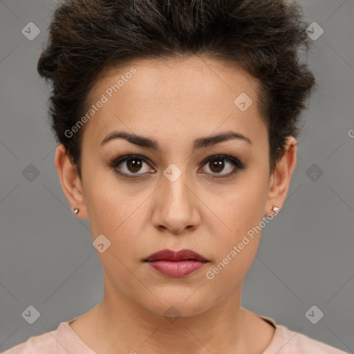 Neutral white young-adult female with short  brown hair and brown eyes