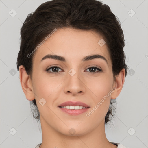 Joyful white young-adult female with short  brown hair and brown eyes