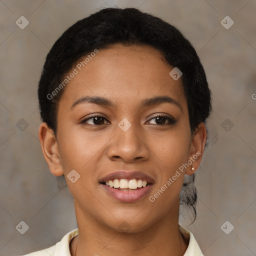 Joyful latino young-adult female with short  black hair and brown eyes