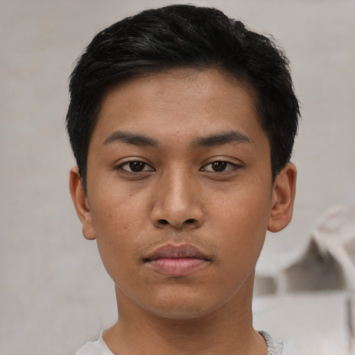 Neutral asian young-adult male with short  black hair and brown eyes