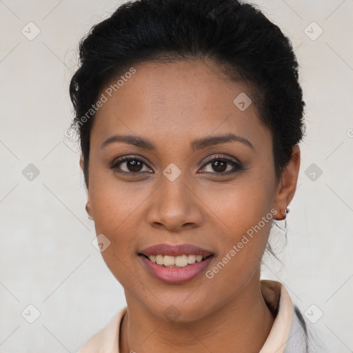 Joyful latino young-adult female with short  brown hair and brown eyes