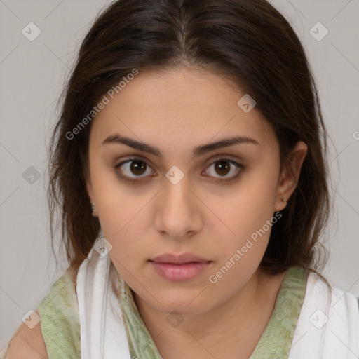 Neutral white young-adult female with medium  brown hair and brown eyes