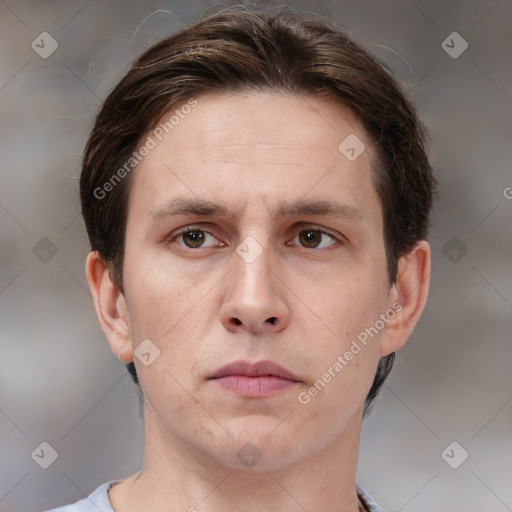 Neutral white young-adult male with short  brown hair and brown eyes