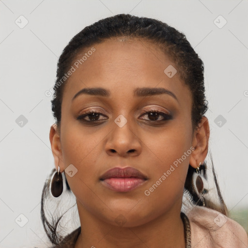 Neutral black young-adult female with short  brown hair and brown eyes