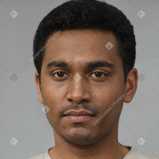 Neutral latino young-adult male with short  black hair and brown eyes