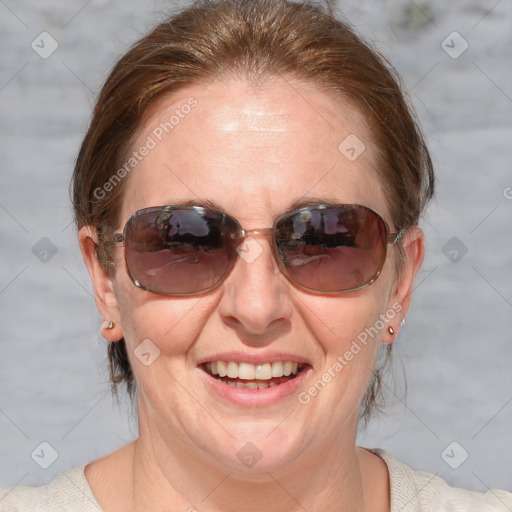 Joyful white adult female with medium  brown hair and blue eyes