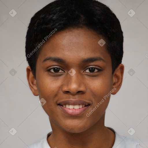 Joyful black young-adult female with short  black hair and brown eyes