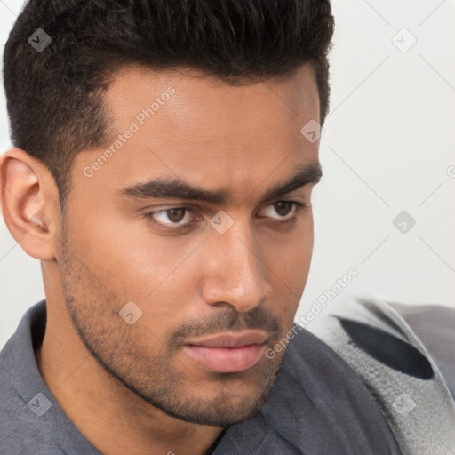 Neutral white young-adult male with short  brown hair and brown eyes