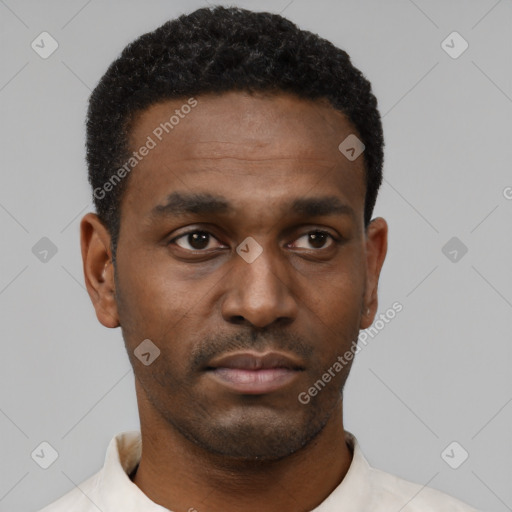 Neutral black young-adult male with short  black hair and brown eyes