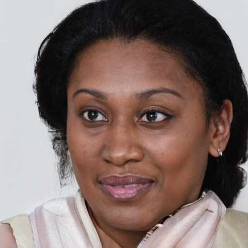 Joyful black adult female with medium  brown hair and brown eyes