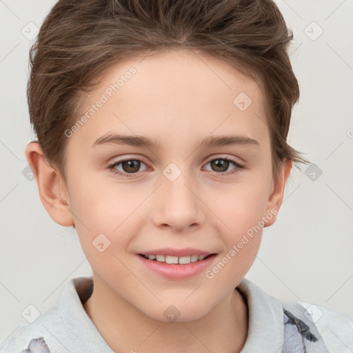 Joyful white child female with short  brown hair and brown eyes