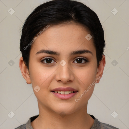 Joyful white young-adult female with short  brown hair and brown eyes