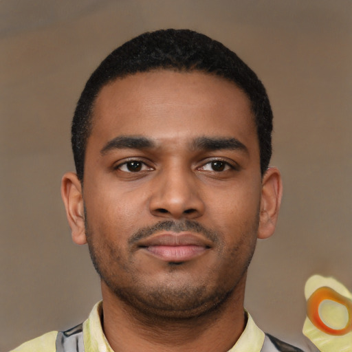 Neutral latino young-adult male with short  black hair and brown eyes
