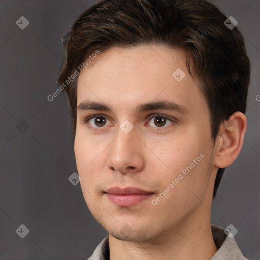 Neutral white young-adult male with short  brown hair and brown eyes