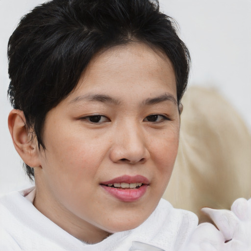 Joyful asian young-adult female with short  brown hair and brown eyes