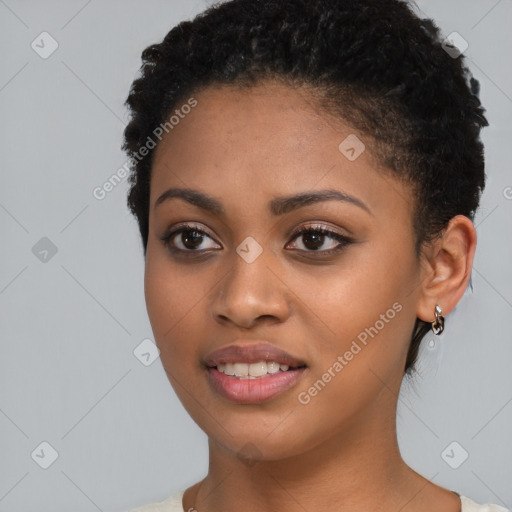 Joyful latino young-adult female with short  brown hair and brown eyes