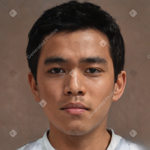Neutral asian young-adult male with short  black hair and brown eyes