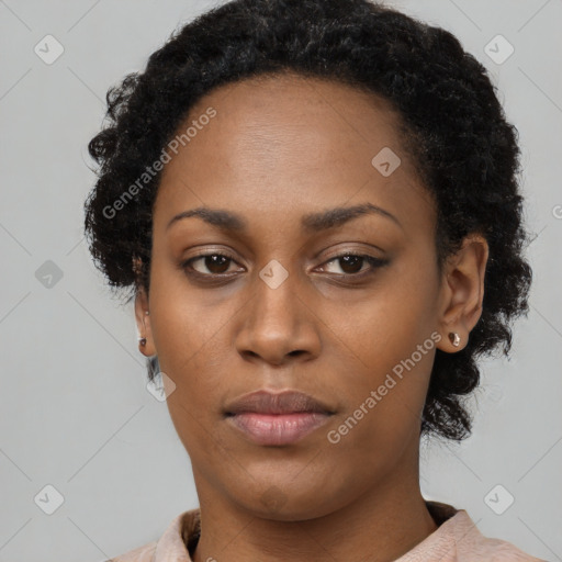 Neutral black young-adult female with short  black hair and brown eyes