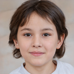 Joyful white child female with medium  brown hair and brown eyes