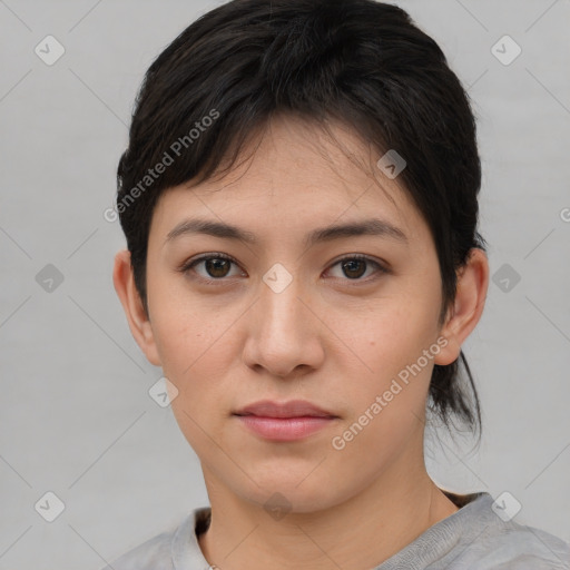 Neutral white young-adult female with short  brown hair and brown eyes