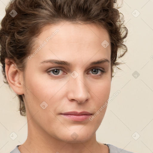 Neutral white young-adult female with short  brown hair and brown eyes