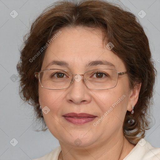 Joyful white middle-aged female with medium  brown hair and brown eyes