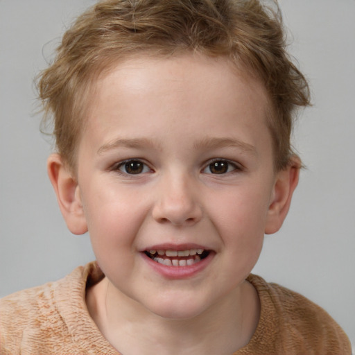 Joyful white child female with short  brown hair and brown eyes