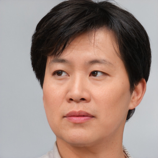 Joyful asian adult male with short  brown hair and brown eyes