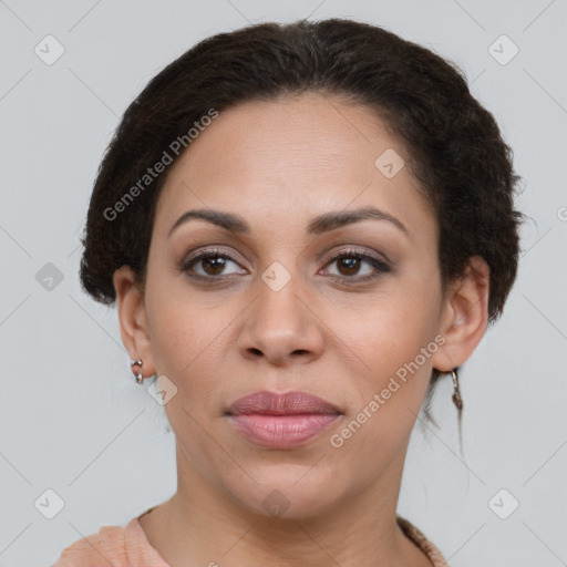 Joyful latino young-adult female with short  brown hair and brown eyes