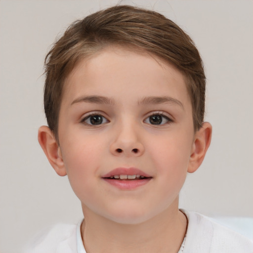 Joyful white child female with short  brown hair and brown eyes