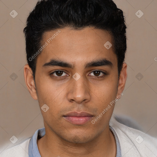 Neutral latino young-adult male with short  black hair and brown eyes