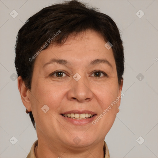 Joyful white adult female with short  brown hair and brown eyes