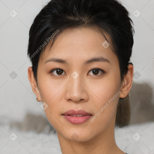 Neutral asian young-adult female with short  brown hair and brown eyes