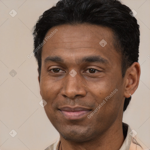 Joyful latino adult male with short  black hair and brown eyes