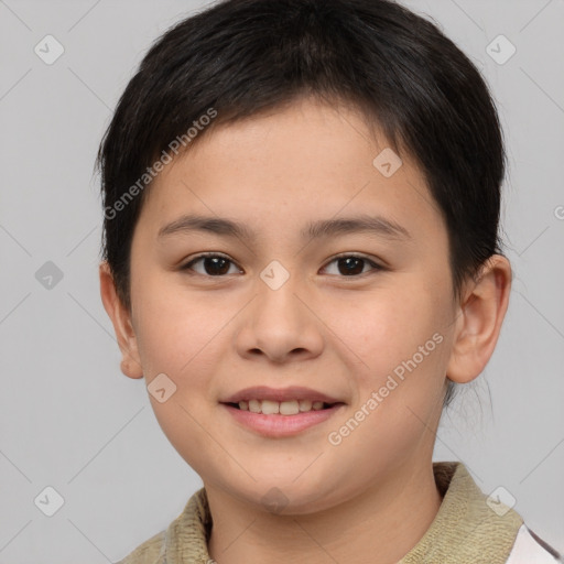 Joyful white child female with short  brown hair and brown eyes