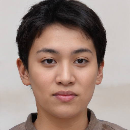Neutral latino young-adult female with short  brown hair and brown eyes