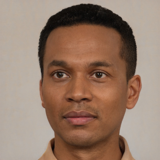 Neutral black young-adult male with short  black hair and brown eyes