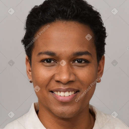 Joyful black young-adult female with short  black hair and brown eyes