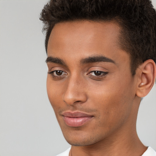 Neutral white young-adult male with short  brown hair and brown eyes