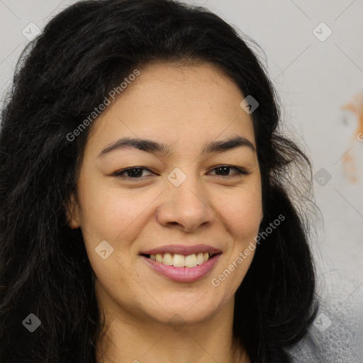 Joyful latino young-adult female with long  brown hair and brown eyes
