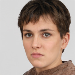 Neutral white young-adult female with short  brown hair and brown eyes