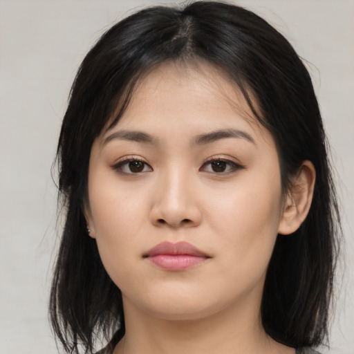 Neutral asian young-adult female with long  brown hair and brown eyes