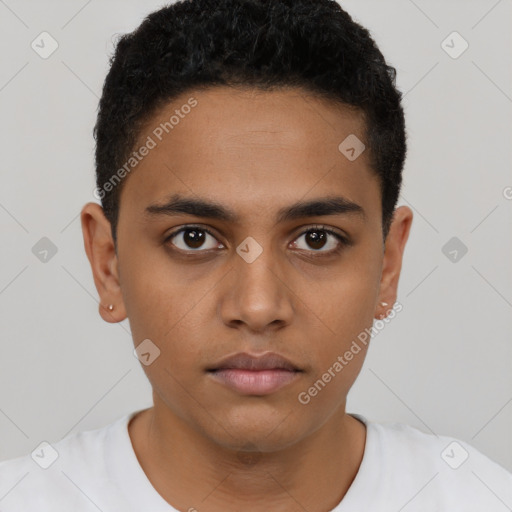 Neutral latino young-adult male with short  brown hair and brown eyes