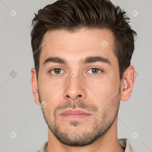 Neutral white young-adult male with short  brown hair and brown eyes