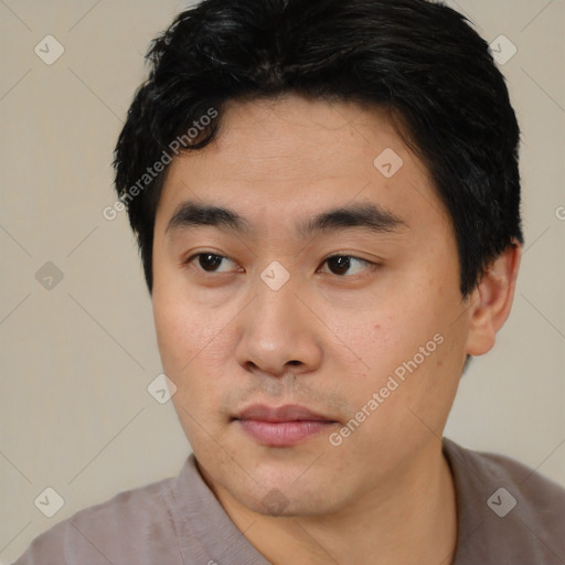Neutral asian young-adult male with short  black hair and brown eyes