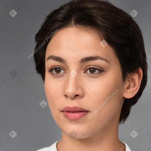 Neutral white young-adult female with medium  brown hair and brown eyes