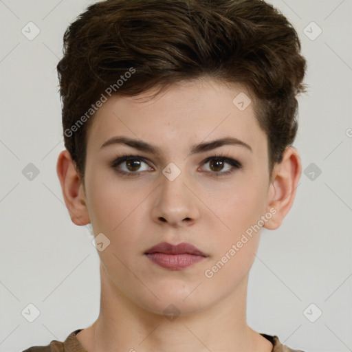 Neutral white young-adult female with short  brown hair and brown eyes